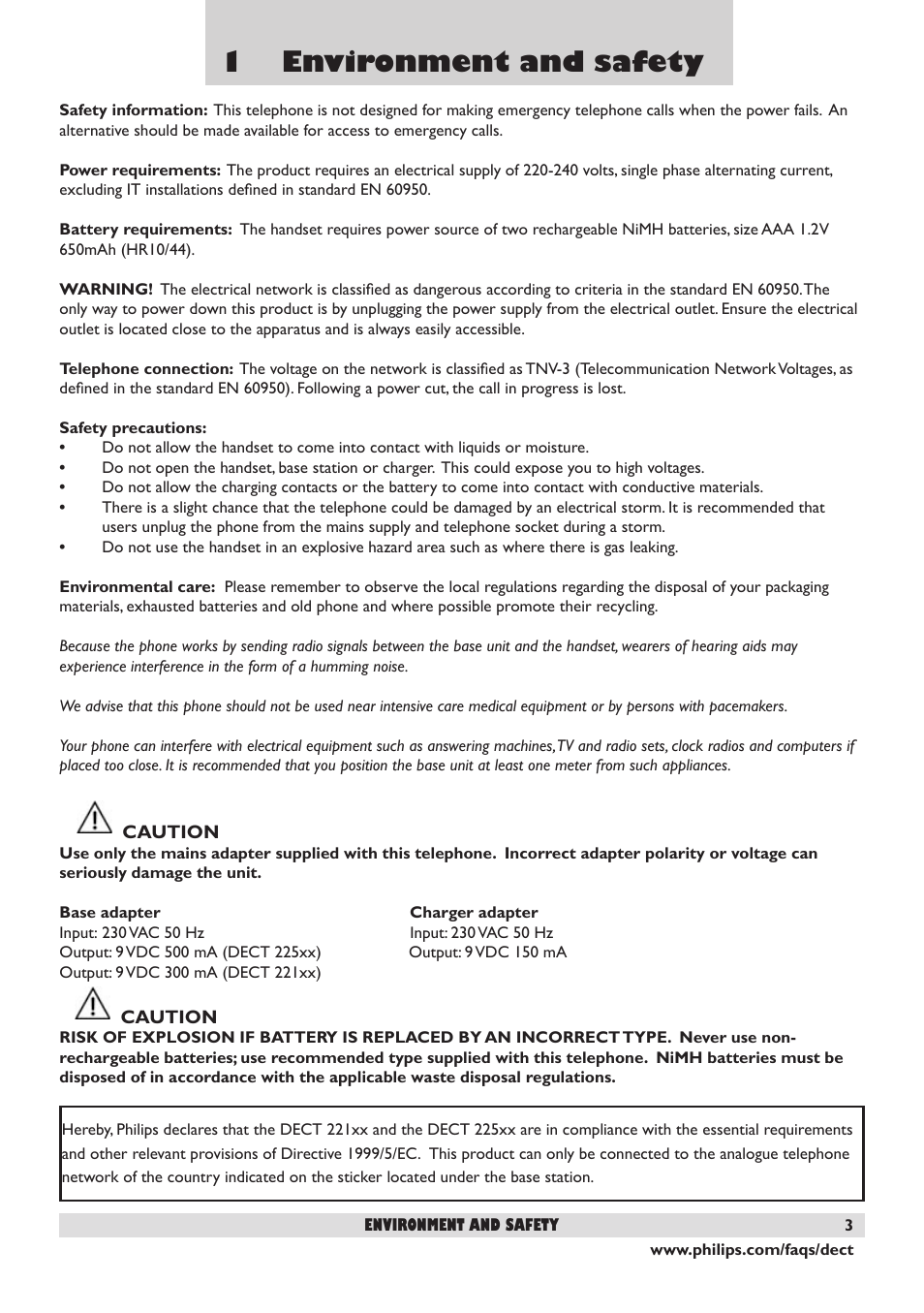 1 environment and safety | Philips DECT 221 User Manual | Page 4 / 35