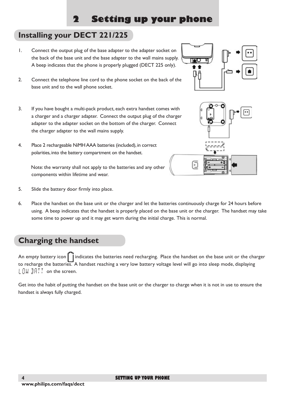 2 setting up your phone, Installing your dect 221/225, Charging the handset | 4 charging the handset | Philips DECT 221 User Manual | Page 5 / 35