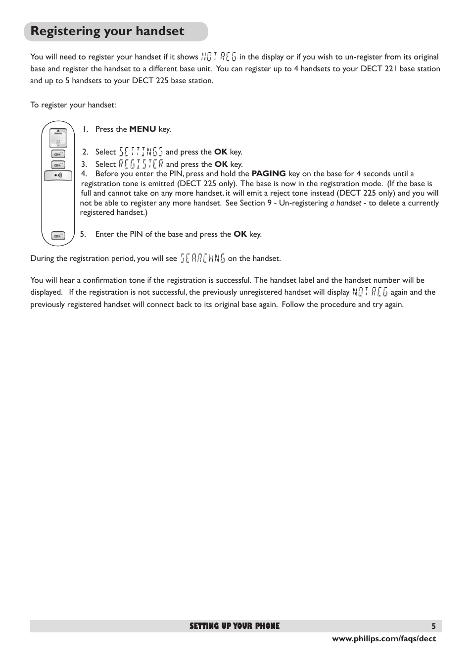 Registering your handset | Philips DECT 221 User Manual | Page 6 / 35