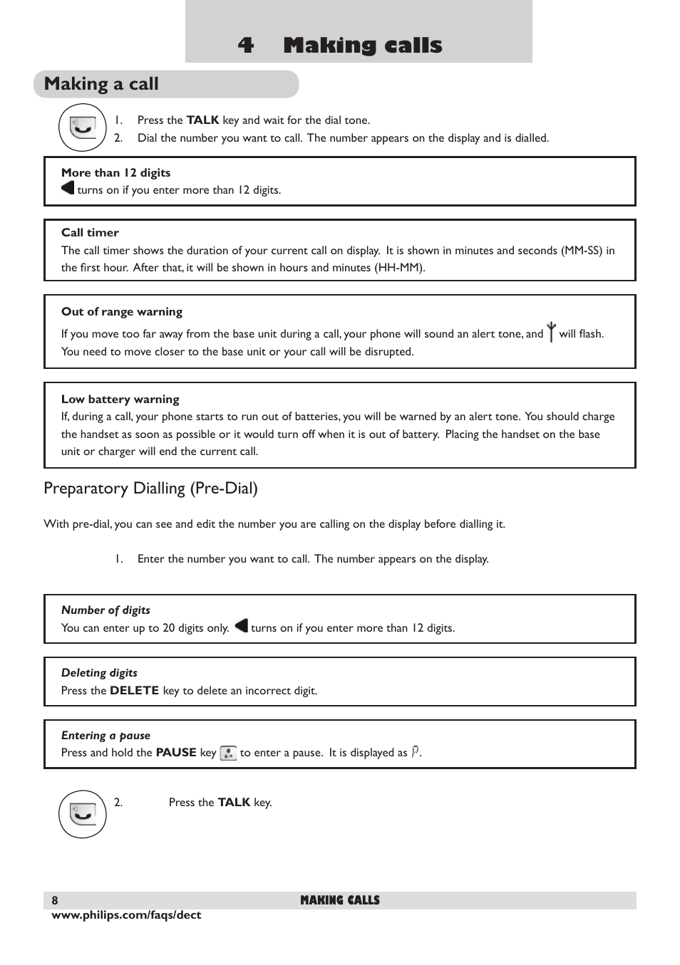 4 making calls, Making a call, Preparatory dialling (pre-dial) | Philips DECT 221 User Manual | Page 9 / 35