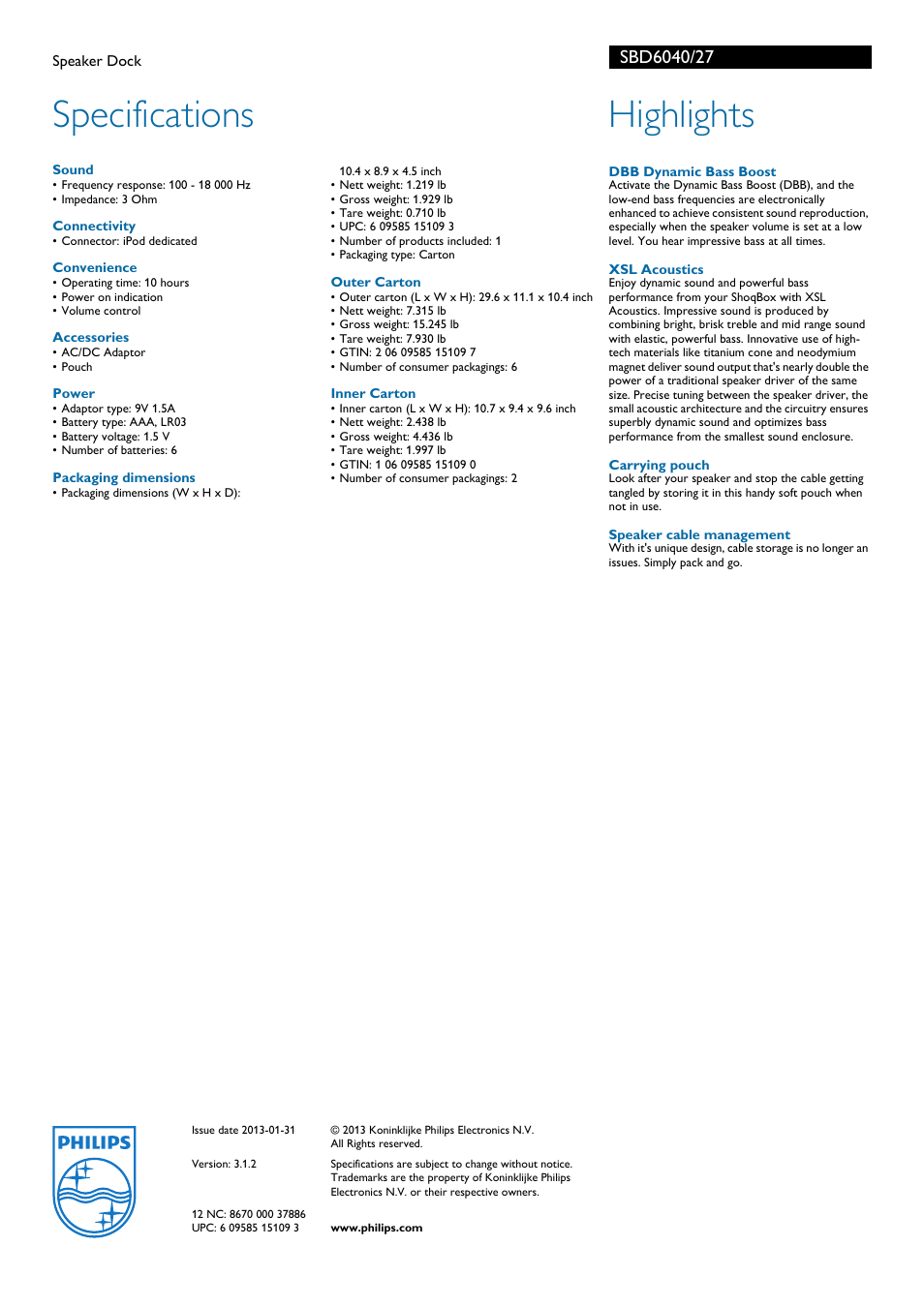 Specifications, Highlights | Philips SBD6040 User Manual | Page 2 / 2