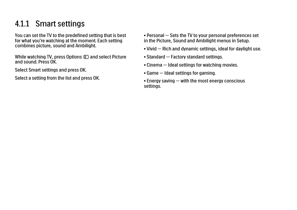 4 setup, 1 picture, sound, ambilight, 1 smart settings | Philips 32PFL9604H User Manual | Page 145 / 263