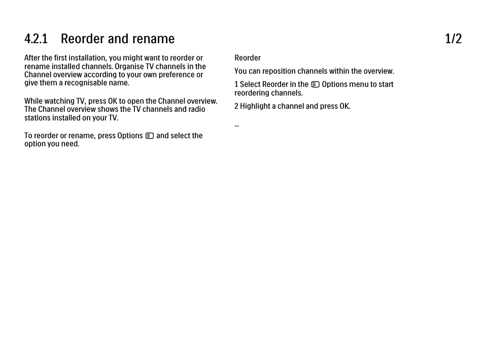 2 channels, 1 reorder and rename, 1 reorder and rename 1/2 | Philips 32PFL9604H User Manual | Page 155 / 263