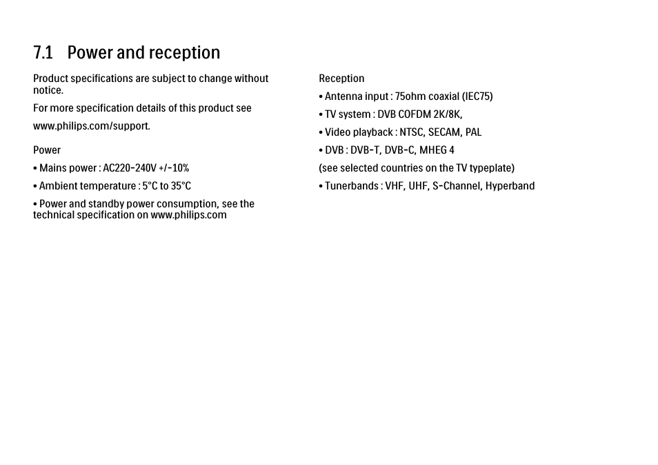 7 technical data, 1 power and reception | Philips 32PFL9604H User Manual | Page 250 / 263