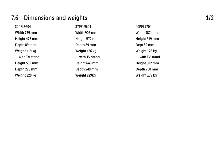 6 dimensions, 6 dimensions and weights 1/2 | Philips 32PFL9604H User Manual | Page 256 / 263