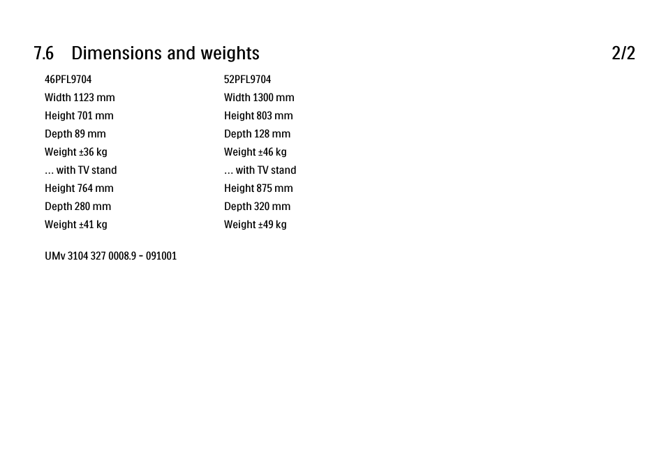 6 dimensions and weights 2/2 | Philips 32PFL9604H User Manual | Page 257 / 263