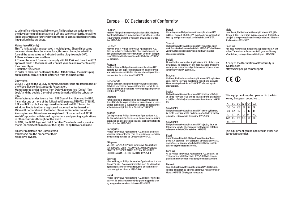 Europe — ec declaration of conformity | Philips 32PFL9604H User Manual | Page 259 / 263