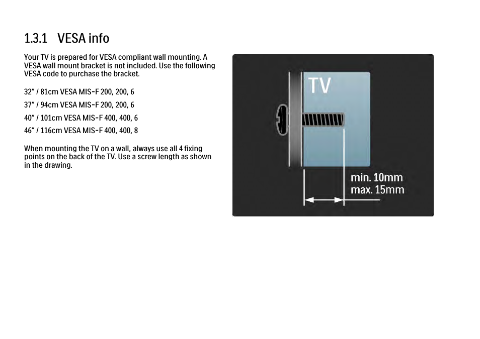 3 wall mounting, 1 vesa info | Philips 32PFL9604H User Manual | Page 26 / 263