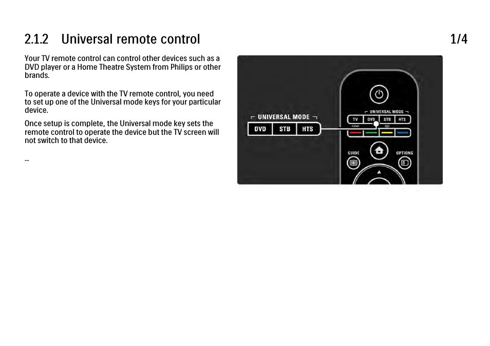 2 universal rc setup, 2 universal remote control 1/4 | Philips 32PFL9604H User Manual | Page 44 / 263