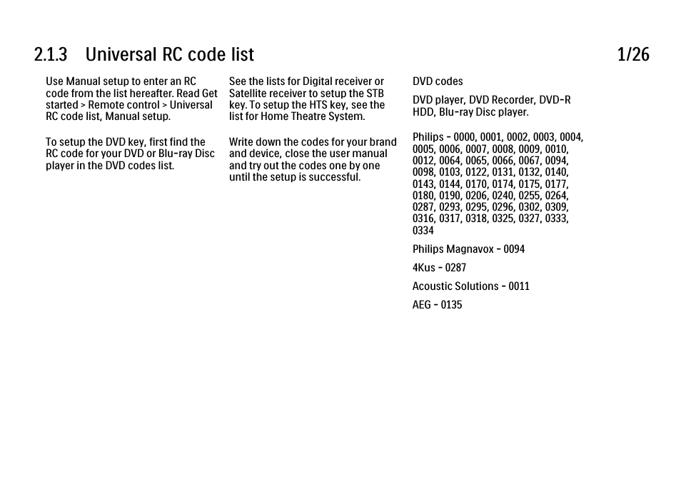 3 universal rc code list, 3 universal rc code list 1/26 | Philips 32PFL9604H User Manual | Page 48 / 263