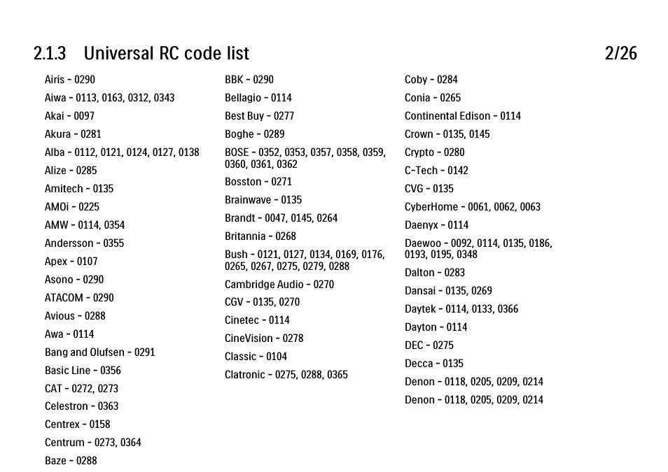 3 universal rc code list 2/26 | Philips 32PFL9604H User Manual | Page 49 / 263