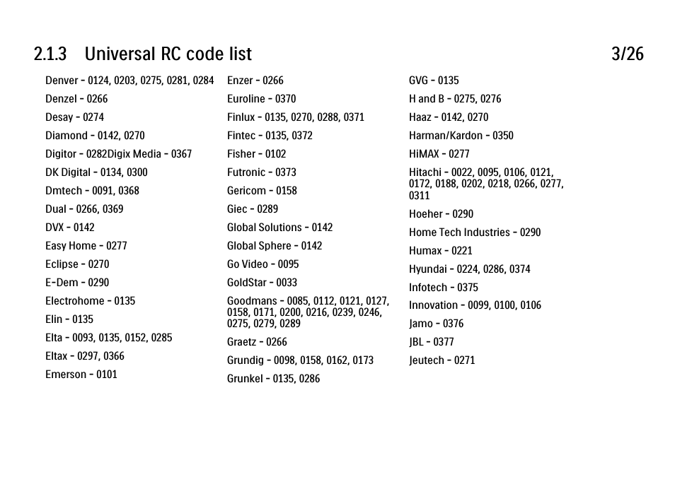 3 universal rc code list 3/26 | Philips 32PFL9604H User Manual | Page 50 / 263