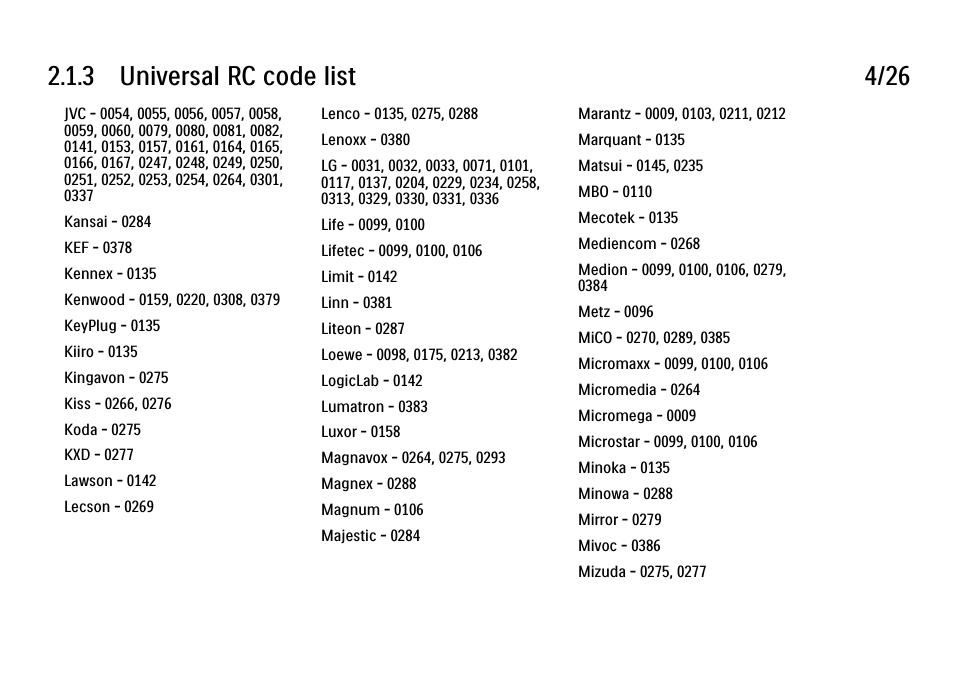 3 universal rc code list 4/26 | Philips 32PFL9604H User Manual | Page 51 / 263