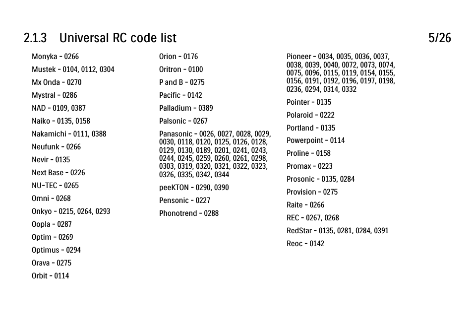 3 universal rc code list 5/26 | Philips 32PFL9604H User Manual | Page 52 / 263