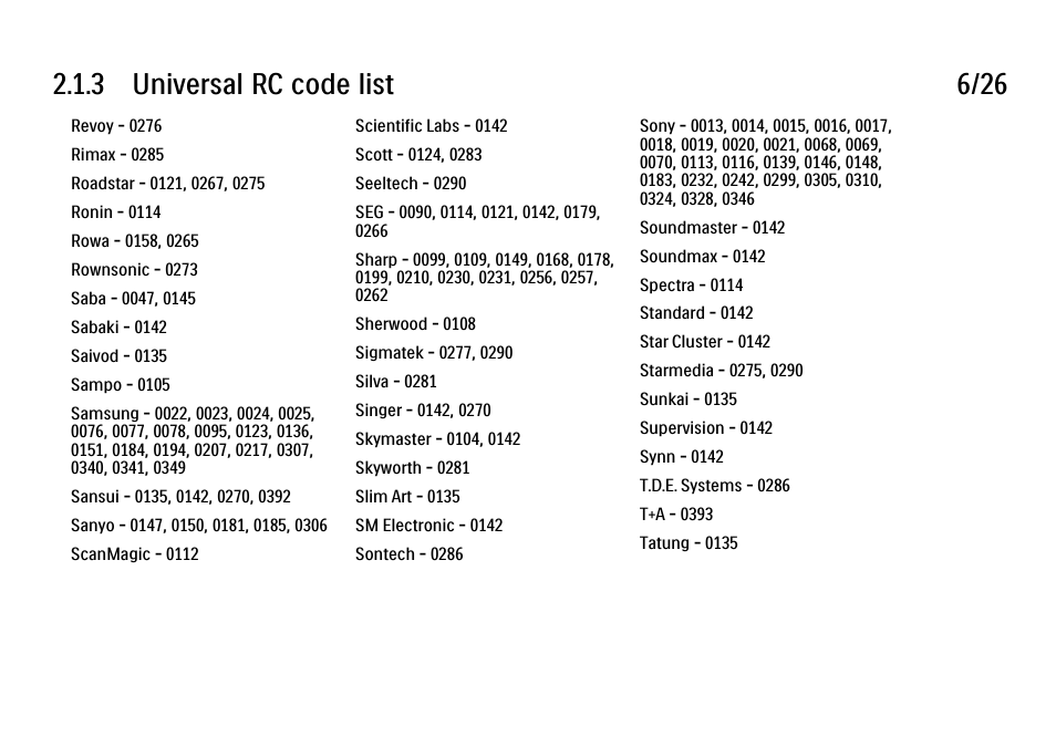 3 universal rc code list 6/26 | Philips 32PFL9604H User Manual | Page 53 / 263