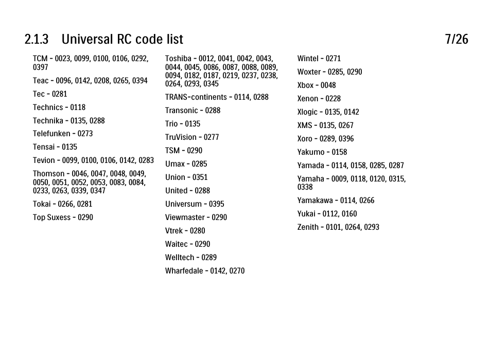 3 universal rc code list 7/26 | Philips 32PFL9604H User Manual | Page 54 / 263