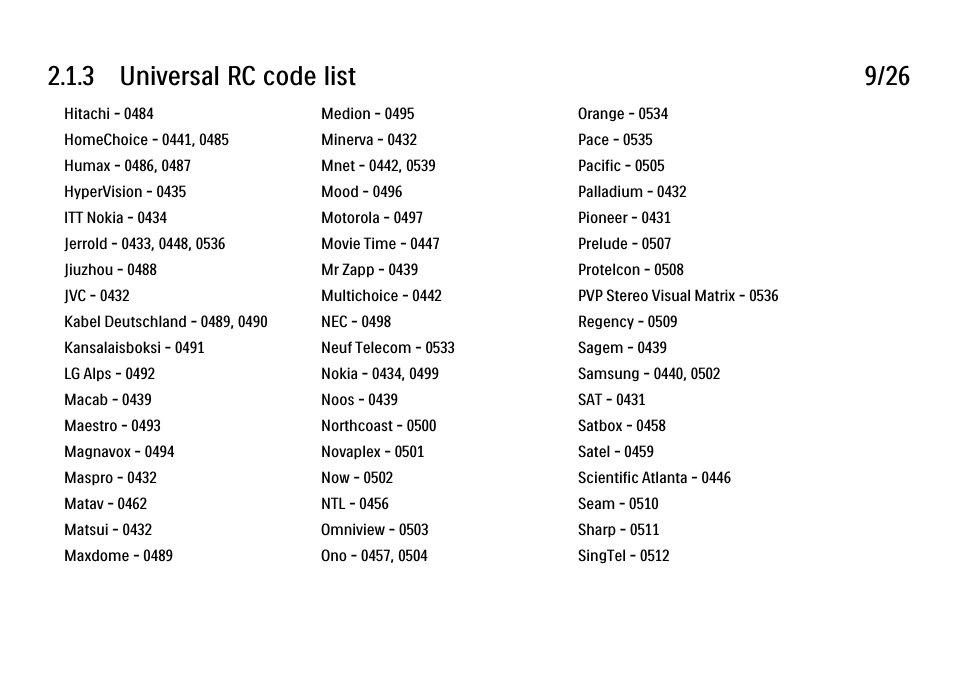 3 universal rc code list 9/26 | Philips 32PFL9604H User Manual | Page 56 / 263