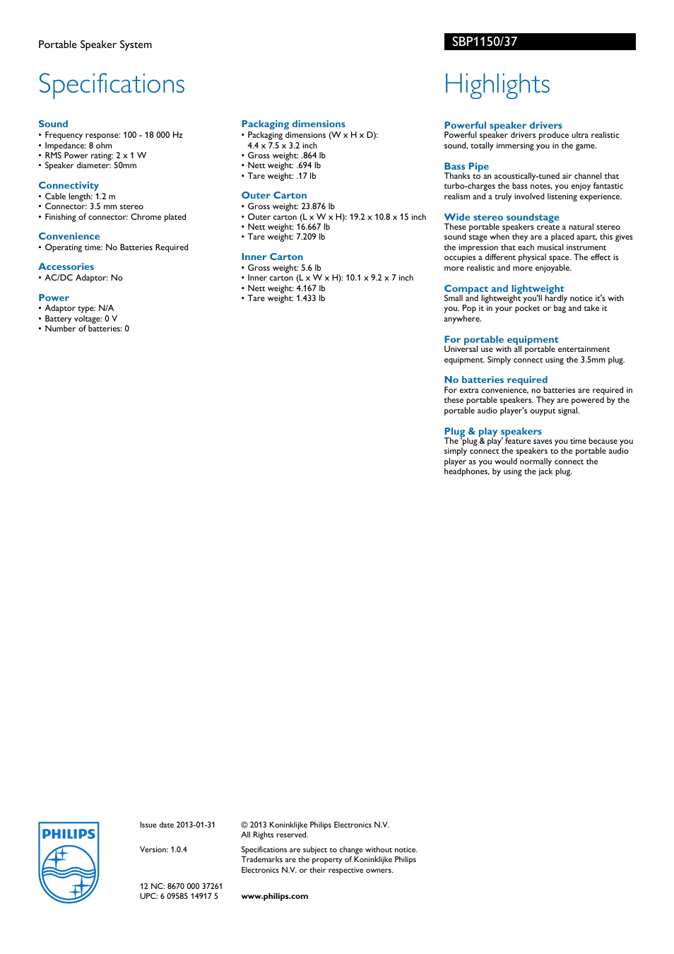 Specifications, Highlights | Philips SBP1150 User Manual | Page 2 / 2