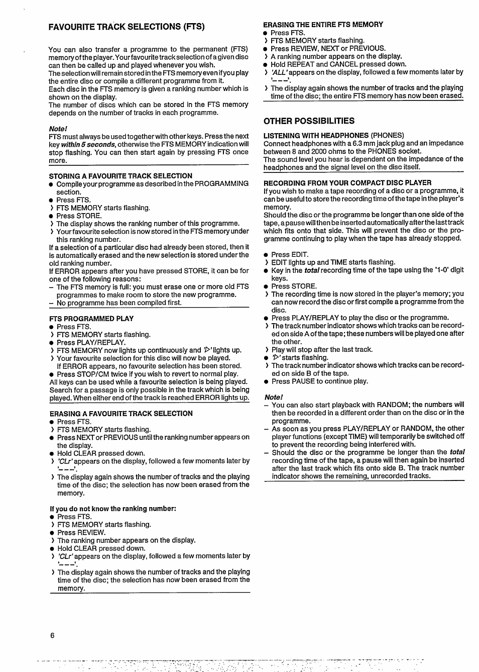 Favourite track selections (fts), Other possibilities, Listening with headphones (phones) | Recording from your compact disc player | Philips CD 620 User Manual | Page 8 / 12