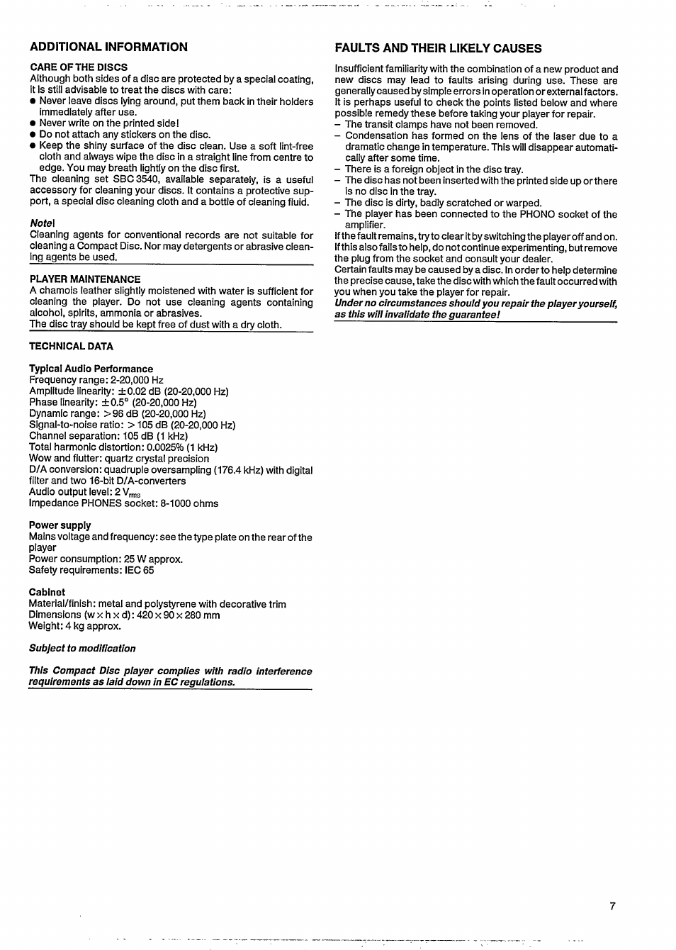 Additional information, Faults and their likely causes | Philips CD 620 User Manual | Page 9 / 12