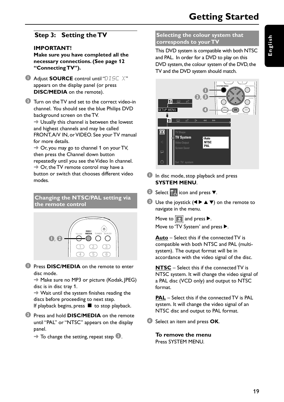 Getting started, Step 3: setting the tv | Philips MX5700D User Manual | Page 19 / 45