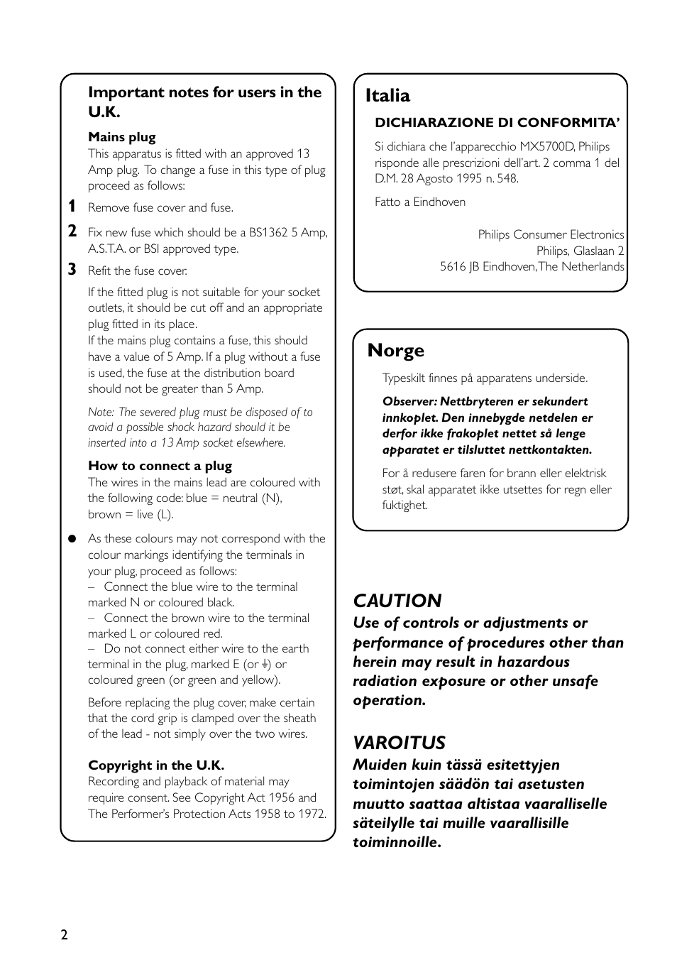 Norge, Italia, Caution | Varoitus | Philips MX5700D User Manual | Page 2 / 45