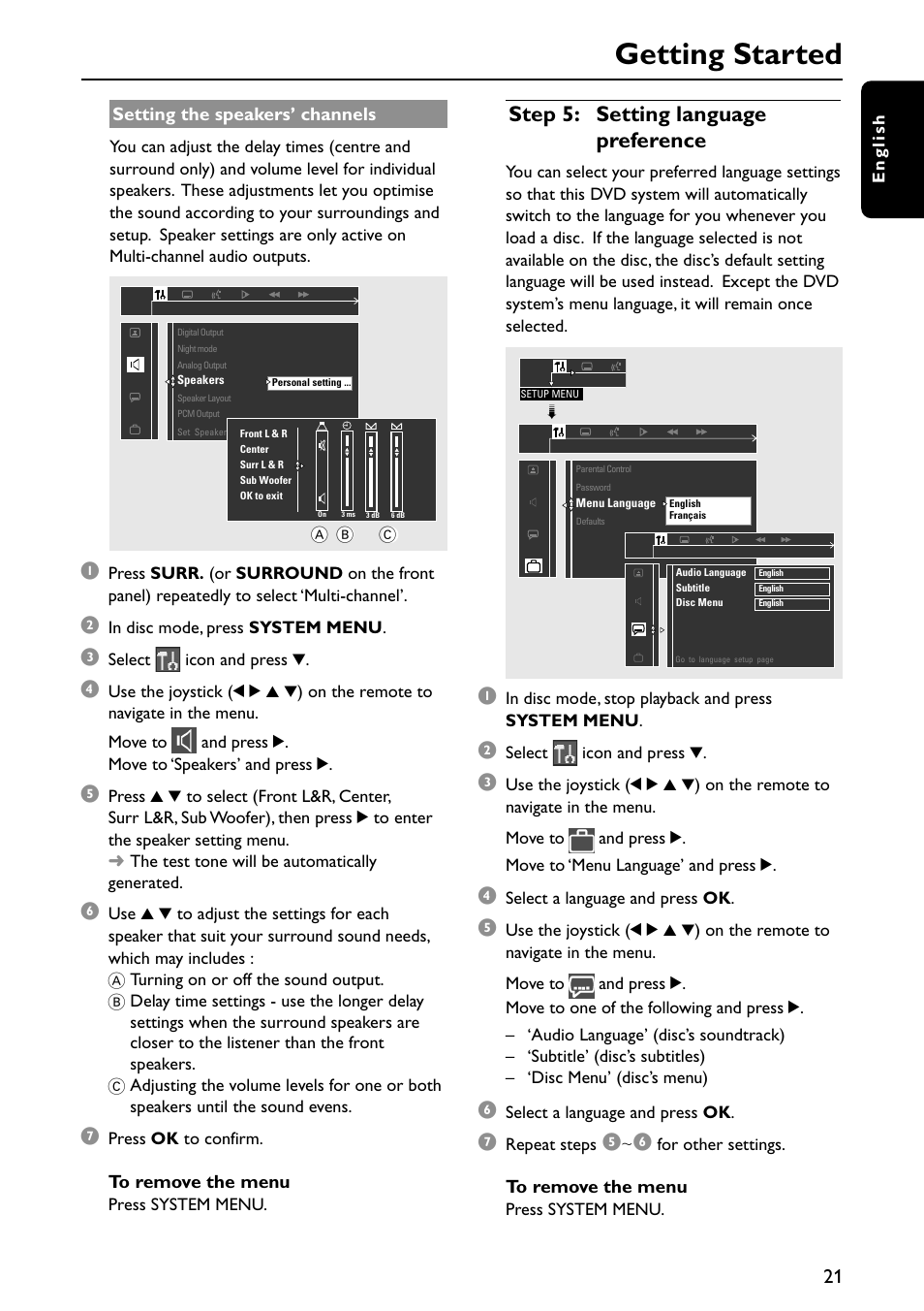 Getting started, Step 5: setting language preference | Philips MX5700D User Manual | Page 21 / 45