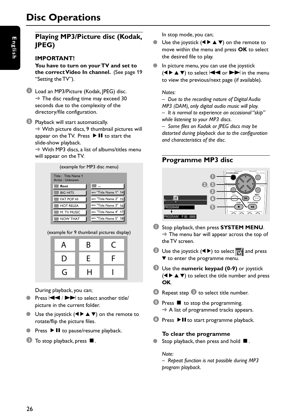 Disc operations, Playing mp3/picture disc (kodak, jpeg), Programme mp3 disc | Philips MX5700D User Manual | Page 26 / 45