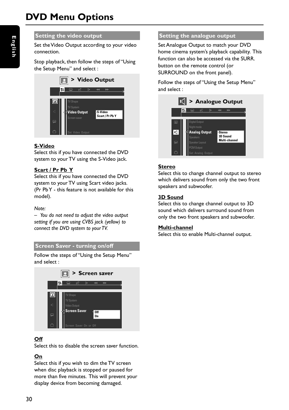 Dvd menu options, Setting the video output, Video output | Screen saver - turning on/off, Screen saver, Setting the analogue output, Analogue output | Philips MX5700D User Manual | Page 30 / 45