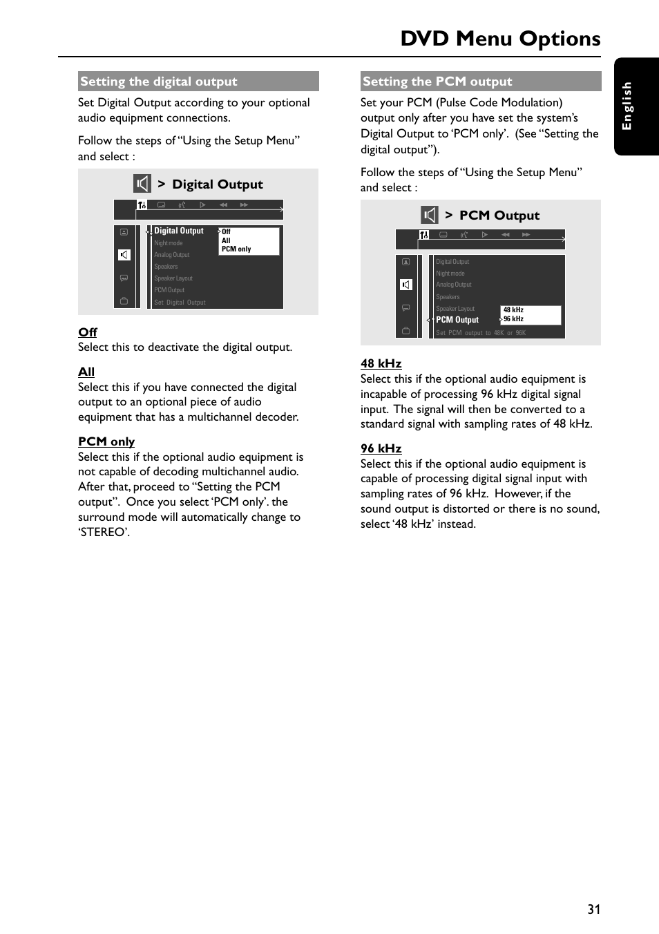 Dvd menu options, Setting the digital output, Digital output | Setting the pcm output, Pcm output, English | Philips MX5700D User Manual | Page 31 / 45