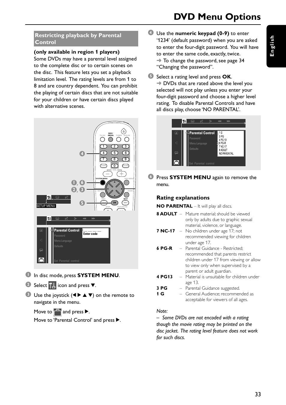 Dvd menu options, Restricting playback by parental control, Rating explanations | English, Select icon and press 4, Press system menu again to remove the menu | Philips MX5700D User Manual | Page 33 / 45