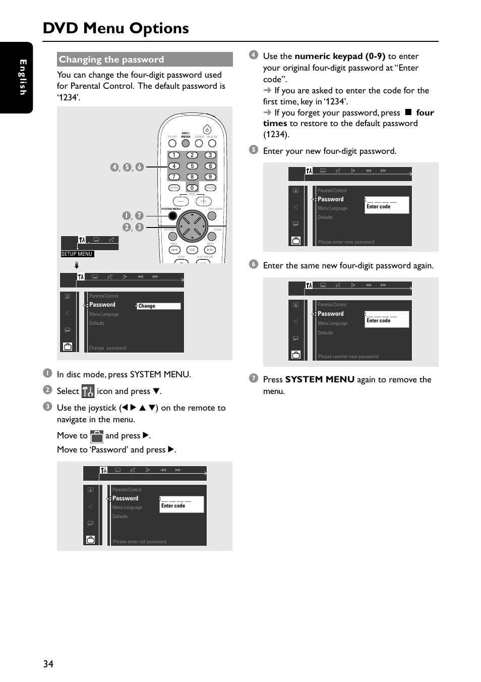 Dvd menu options, Changing the password, English | Select icon and press 4, Enter your new four-digit password, Enter the same new four-digit password again, Press system menu again to remove the menu | Philips MX5700D User Manual | Page 34 / 45