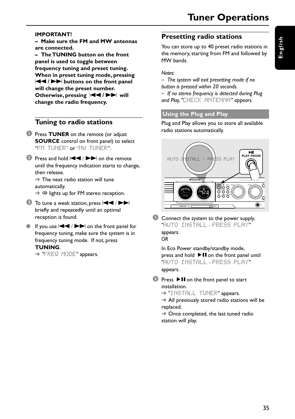 Tuner operations, Tuning to radio stations 1, Presetting radio stations | Using the plug and play | Philips MX5700D User Manual | Page 35 / 45