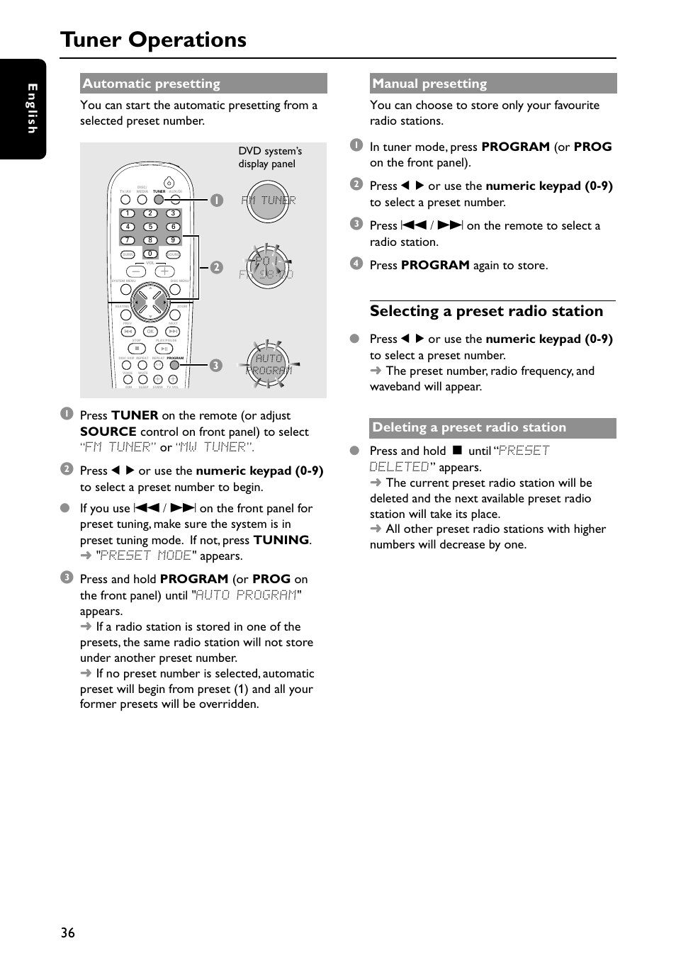 Tuner operations, Selecting a preset radio station, Automatic presetting | Manual presetting, Deleting a preset radio station, English, Press program again to store | Philips MX5700D User Manual | Page 36 / 45