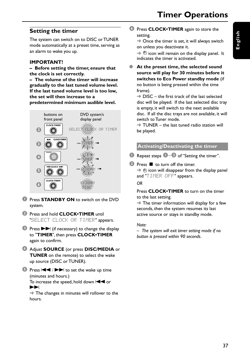 Timer operations, Setting the timer | Philips MX5700D User Manual | Page 37 / 45