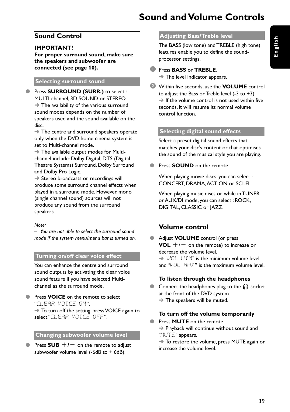 Sound and volume controls, Sound control, Volume control | Philips MX5700D User Manual | Page 39 / 45