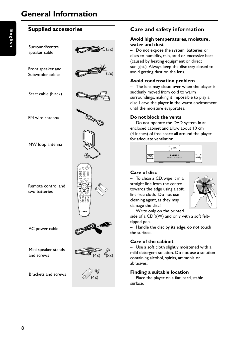 General information, Supplied accessories, Care and safety information | Avoid high temperatures, moisture, water and dust, Avoid condensation problem, Do not block the vents, Care of disc, Care of the cabinet, Finding a suitable location, 3x) (4x) | Philips MX5700D User Manual | Page 8 / 45