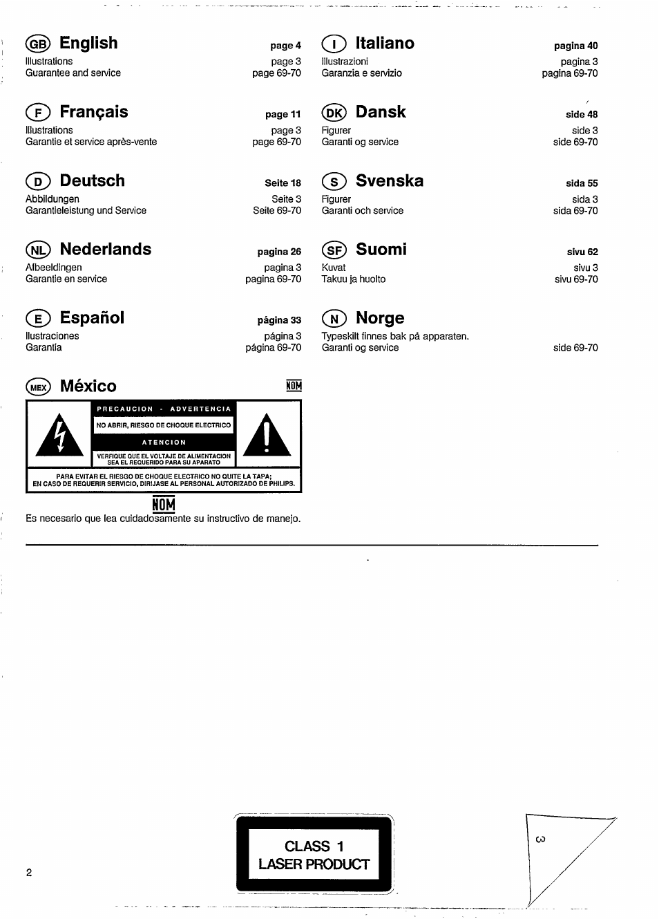English, T) italiano, 7) français | Dansk, 7) deutsch, S) svenska, Nederlands, Suomi, Español, Norge | Philips CD 850 User Manual | Page 3 / 12