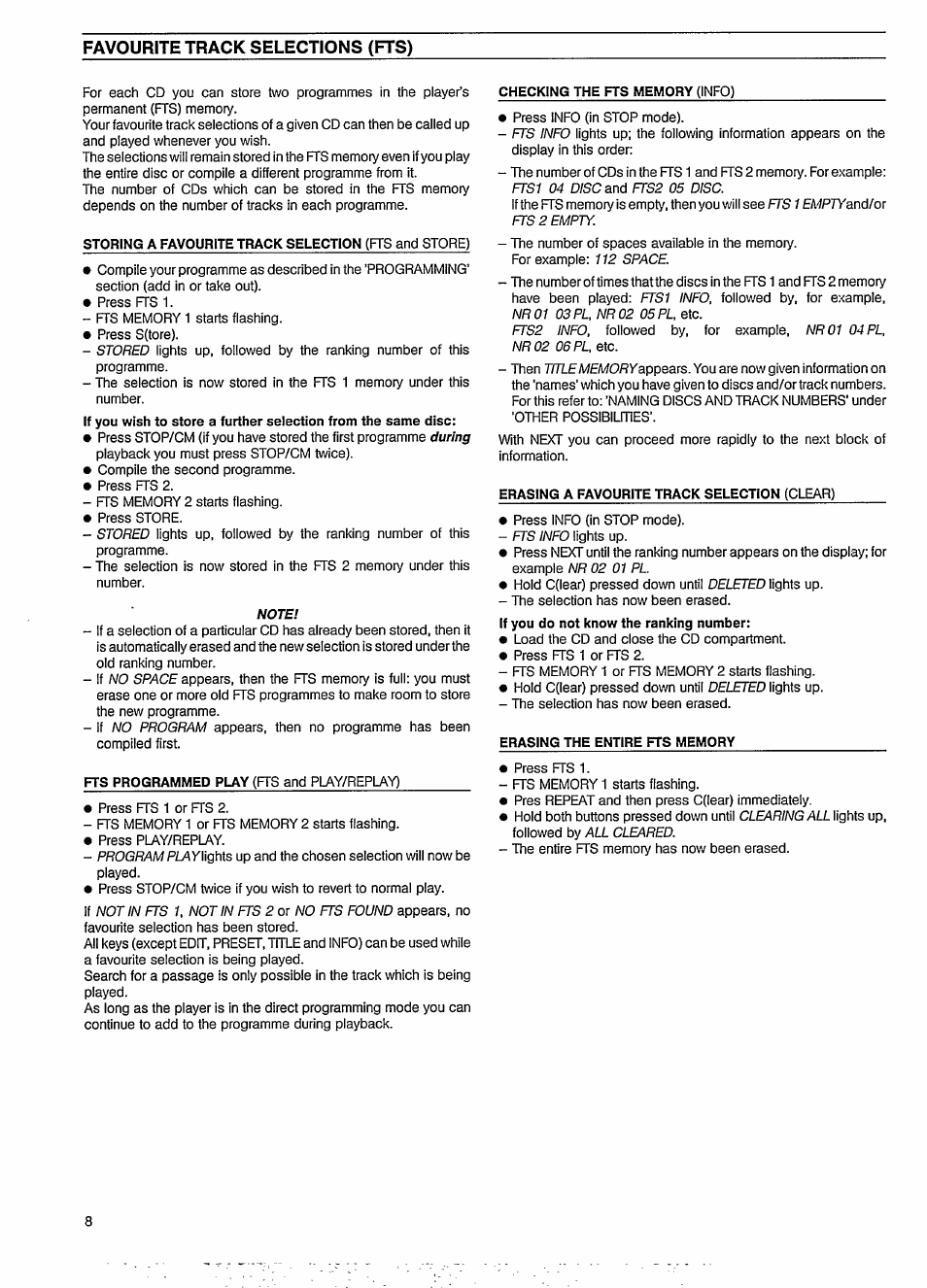 Favourite track selections (fts) | Philips CD 850 User Manual | Page 8 / 12