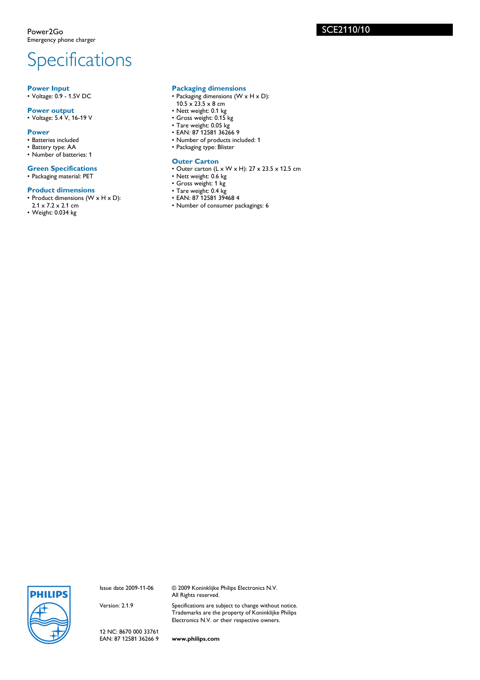 Specifications | Philips Power2Go SCE2110/10 User Manual | Page 2 / 2