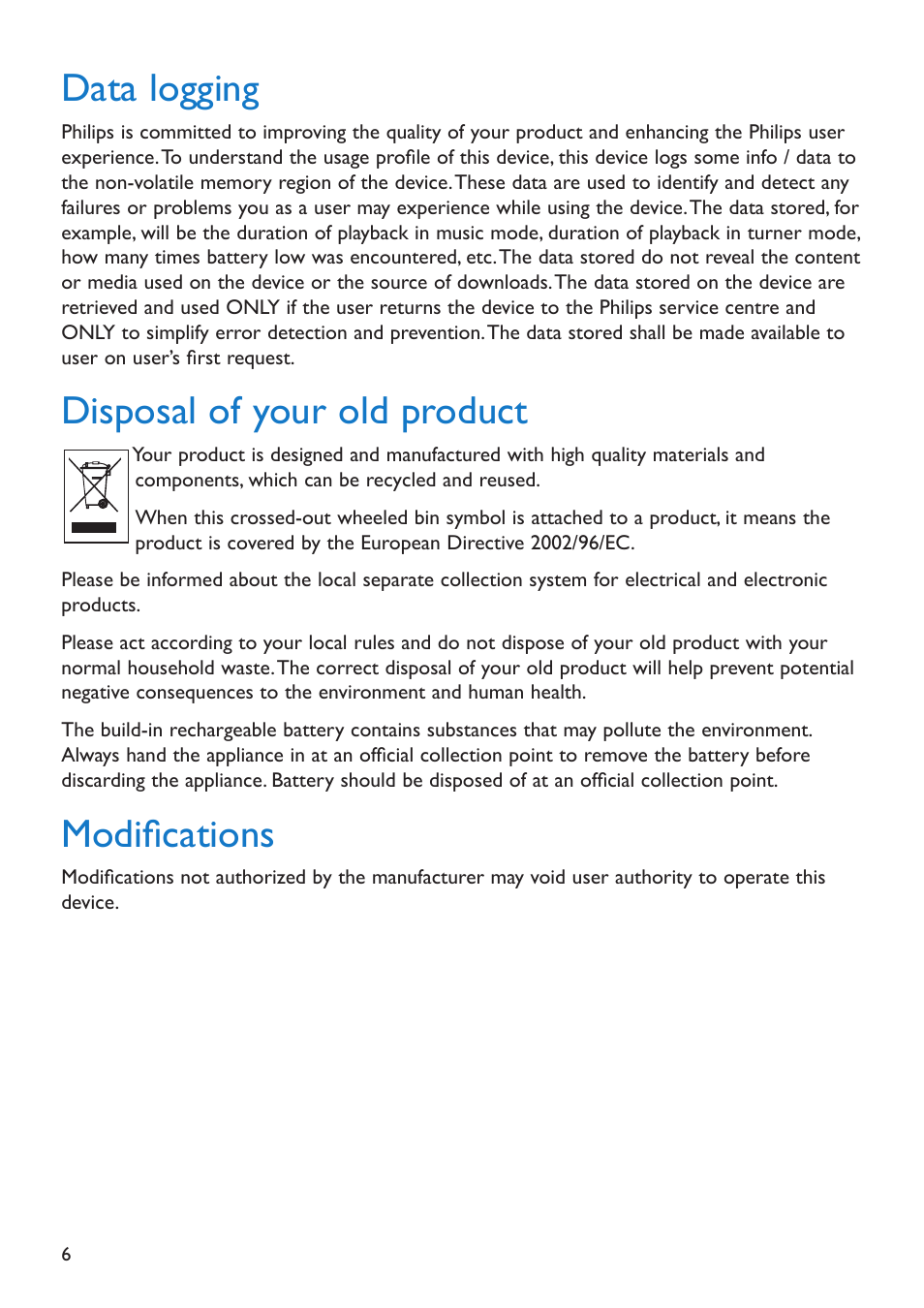 Data logging, Disposal of your old product, Modifications | Philips SA5285BT User Manual | Page 11 / 49