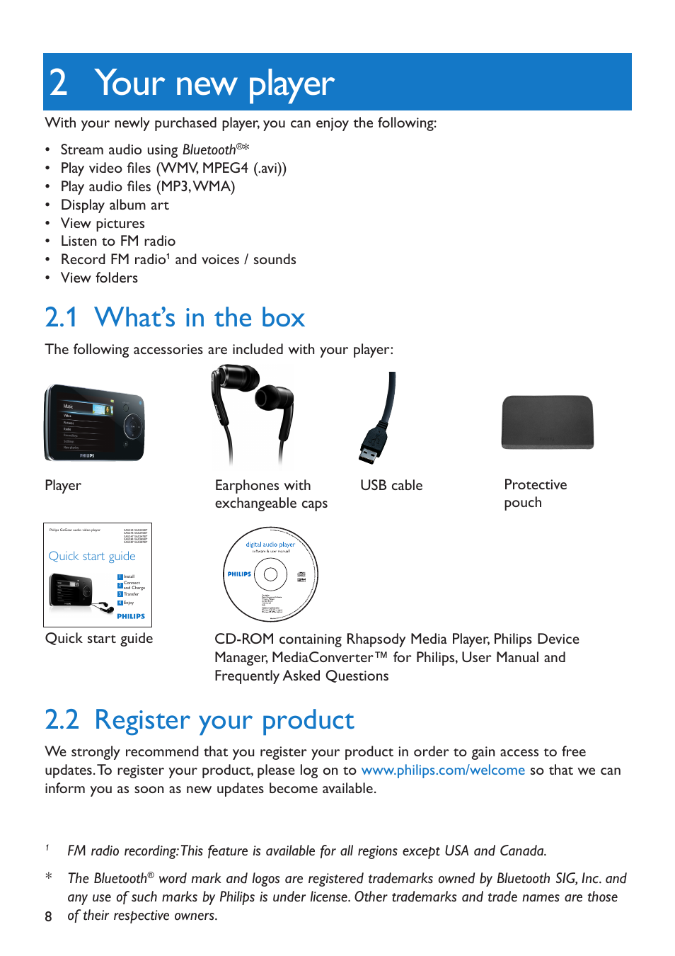 2 your new player, 1 what’s in the box, 2 register your product | Your new player, What’s in the box, Register your product,  what’s in the box | Philips SA5285BT User Manual | Page 13 / 49