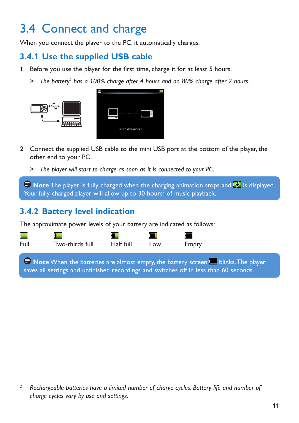 4 connect and charge, 1 use the supplied usb cable, 2 battery level indication | Connect and charge, Use the supplied usb cable, Battery leel indication | Philips SA5285BT User Manual | Page 16 / 49