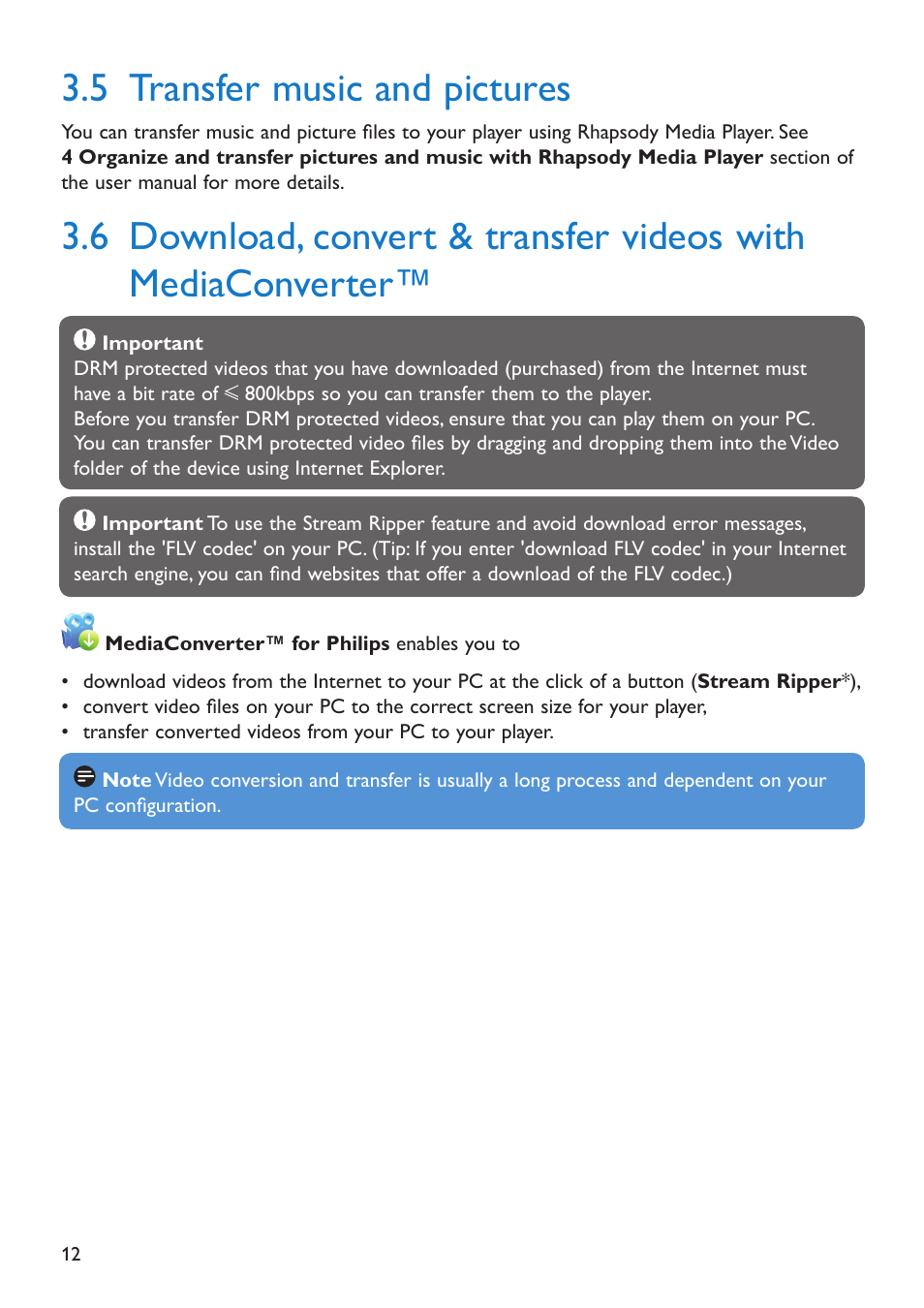 5 transfer music and pictures, Transfer music and pictures, Download, conert & transfer ideos with | Mediaconerter | Philips SA5285BT User Manual | Page 17 / 49