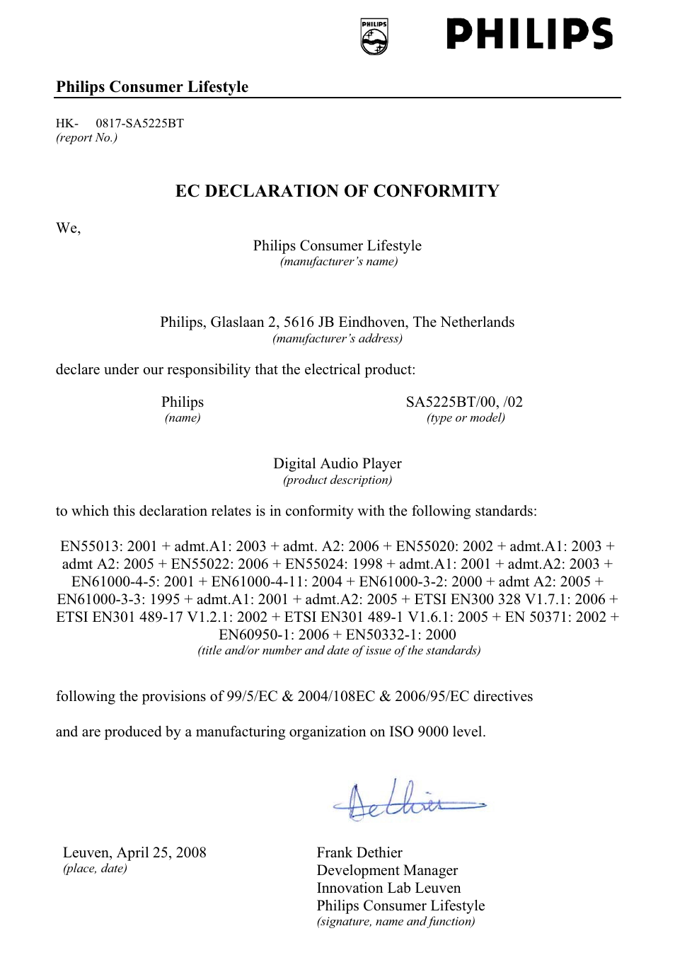 Ec declaration of conformity | Philips SA5285BT User Manual | Page 2 / 49