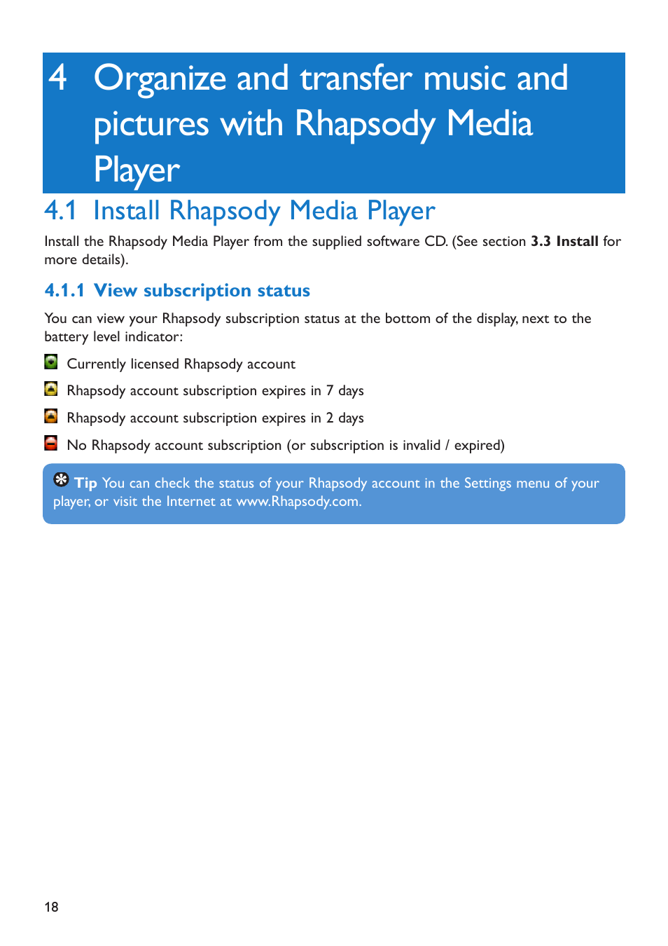 1 install rhapsody media player, 1 view subscription status, Organize and transfer music and pictures with | Rhapsody media player, Install rhapsody media player, View subscription status,  install rhapsody media player | Philips SA5285BT User Manual | Page 23 / 49