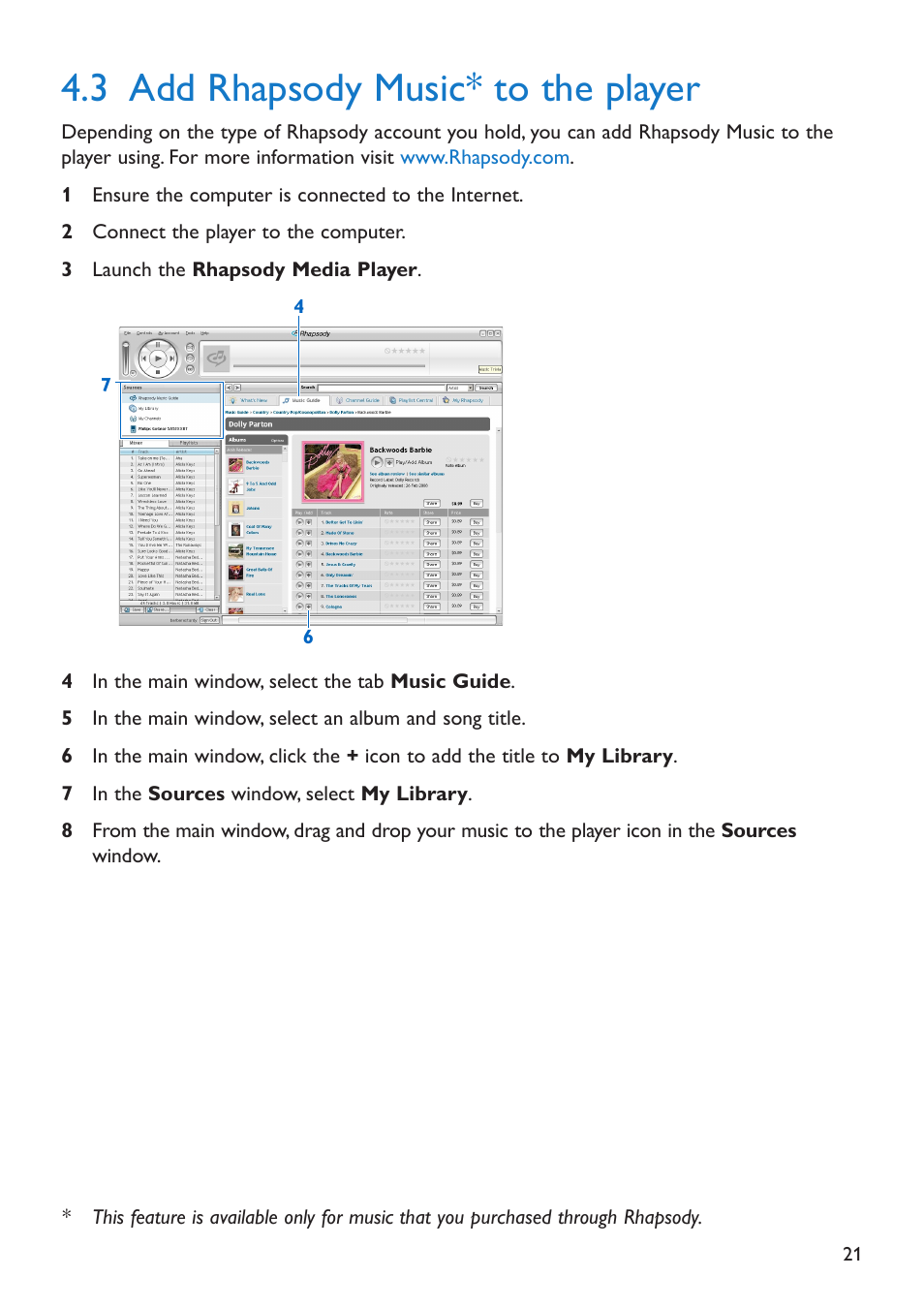 3 add rhapsody music* to the player, Add rhapsody music to the player | Philips SA5285BT User Manual | Page 26 / 49