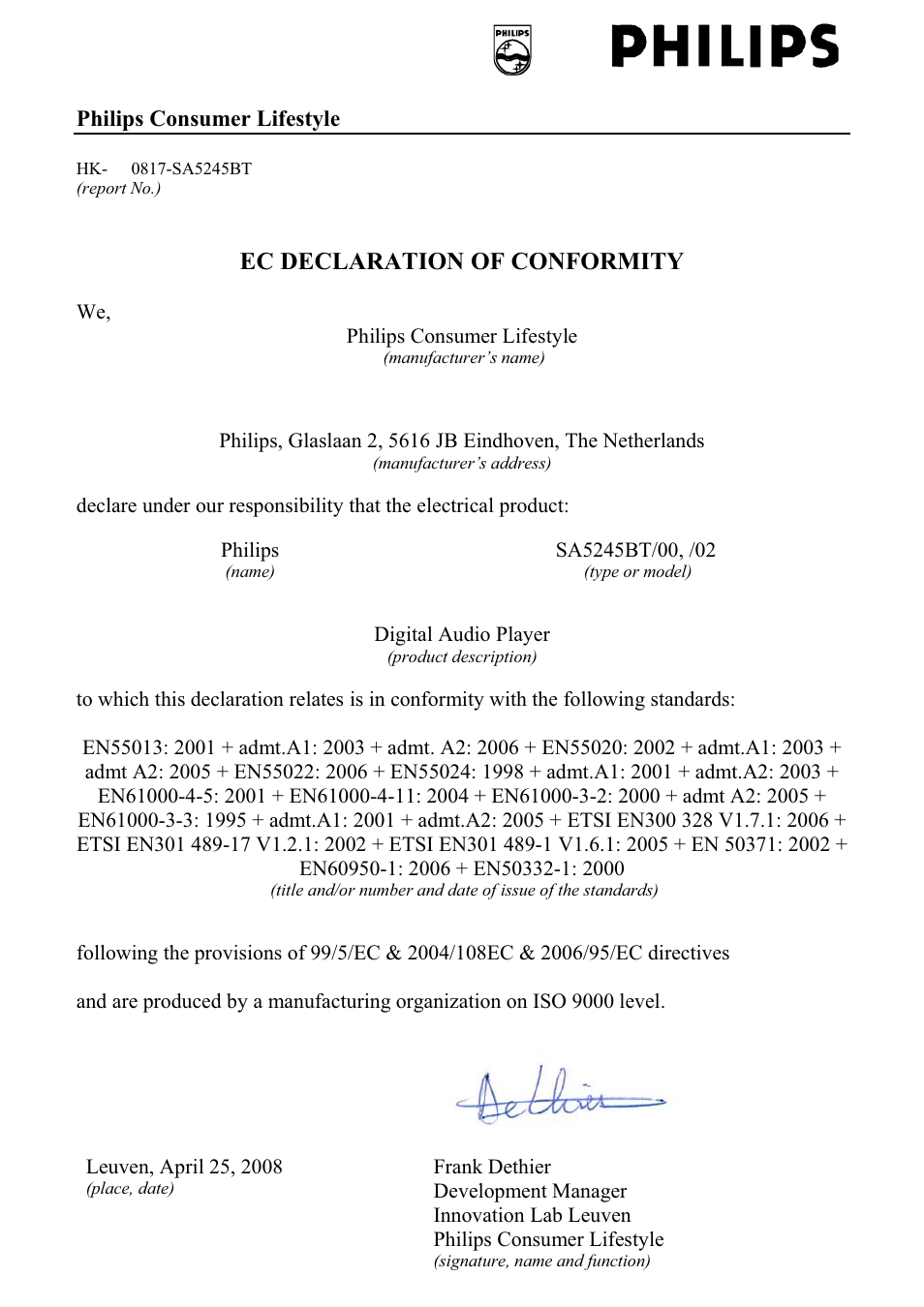 Ec declaration of conformity | Philips SA5285BT User Manual | Page 3 / 49