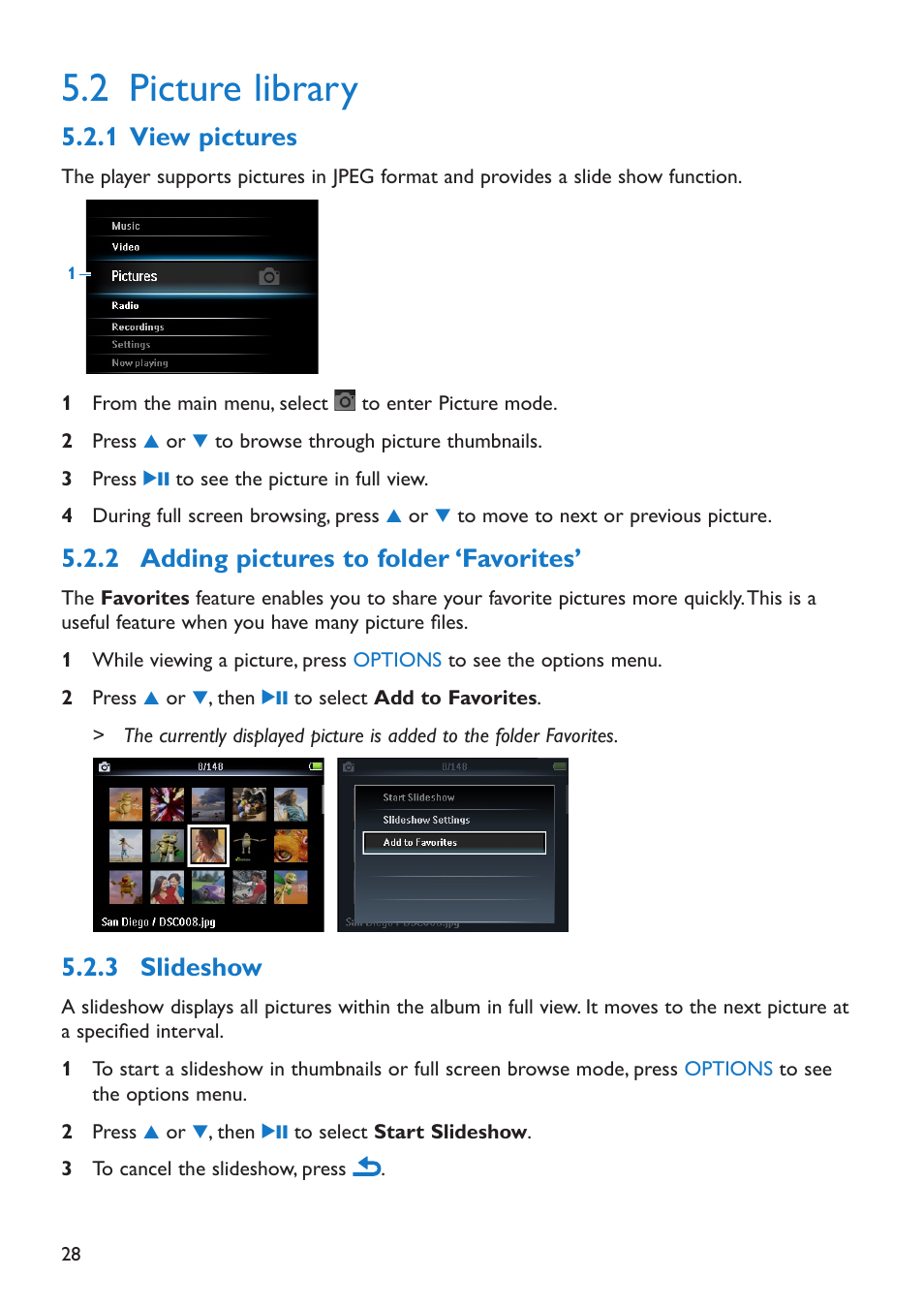 2 picture library, 1 view pictures, 2 adding pictures to folder ‘favorites | 3 slideshow, Picture library, View pictures, Adding pictures to folder ‘faorites, Slideshow | Philips SA5285BT User Manual | Page 33 / 49
