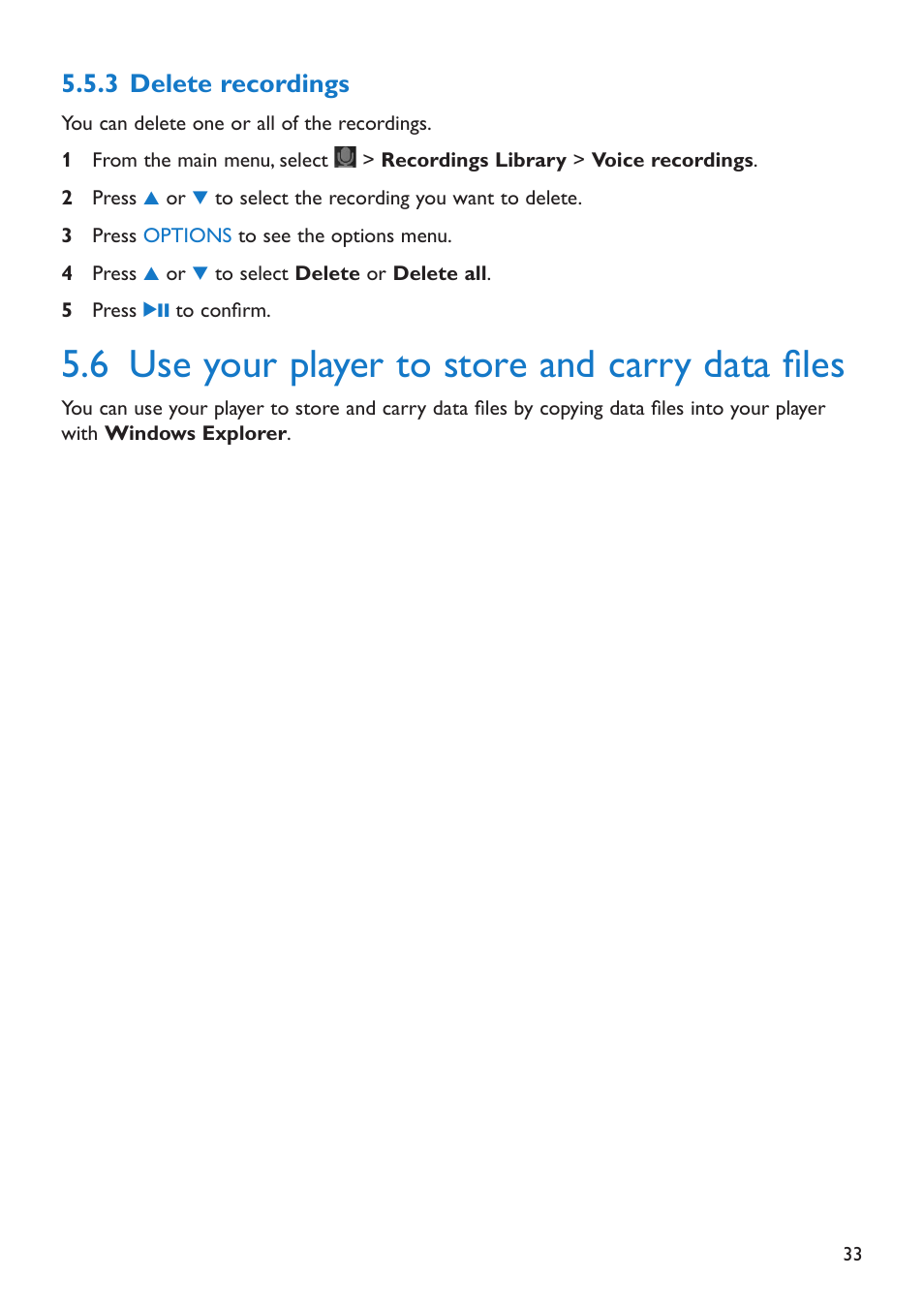 3 delete recordings, 6 use your player to store and carry data files, Delete recordings | Use your player to store and carry data files | Philips SA5285BT User Manual | Page 38 / 49